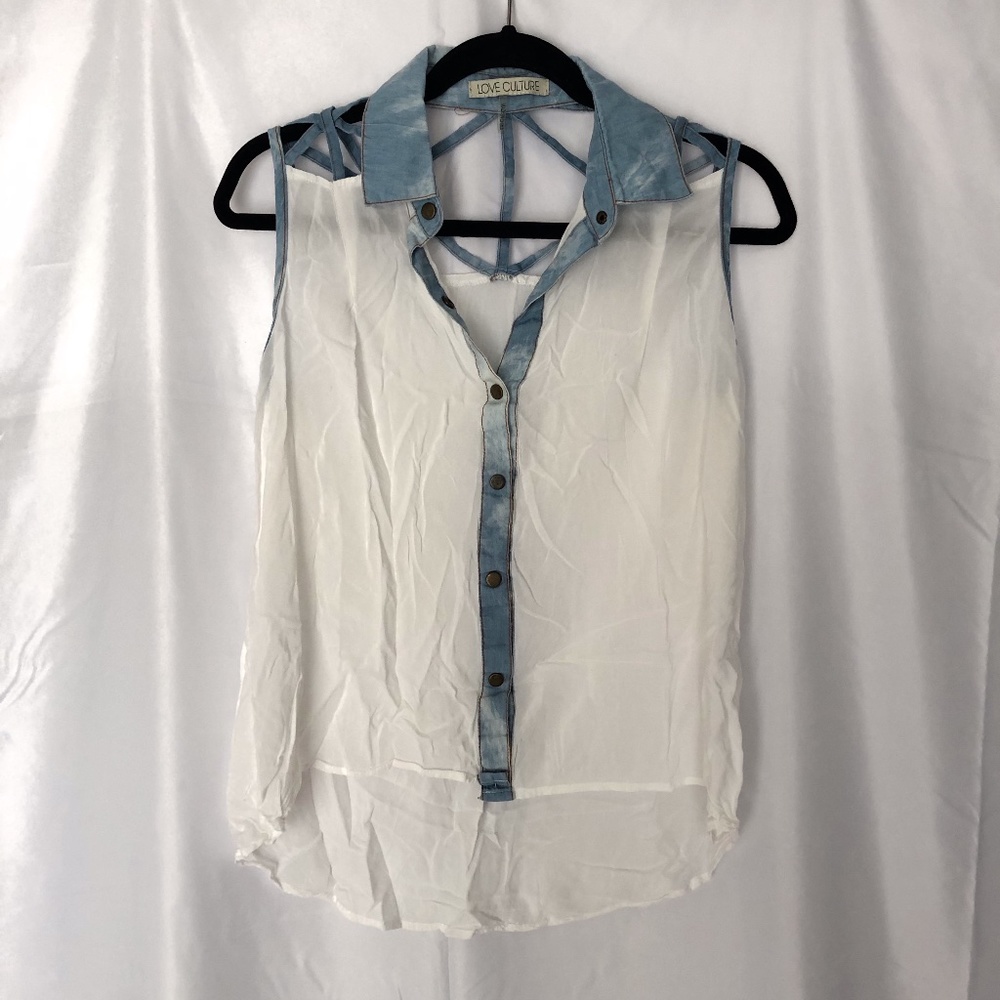 White Button Up Top with Denim Collar & Detailing